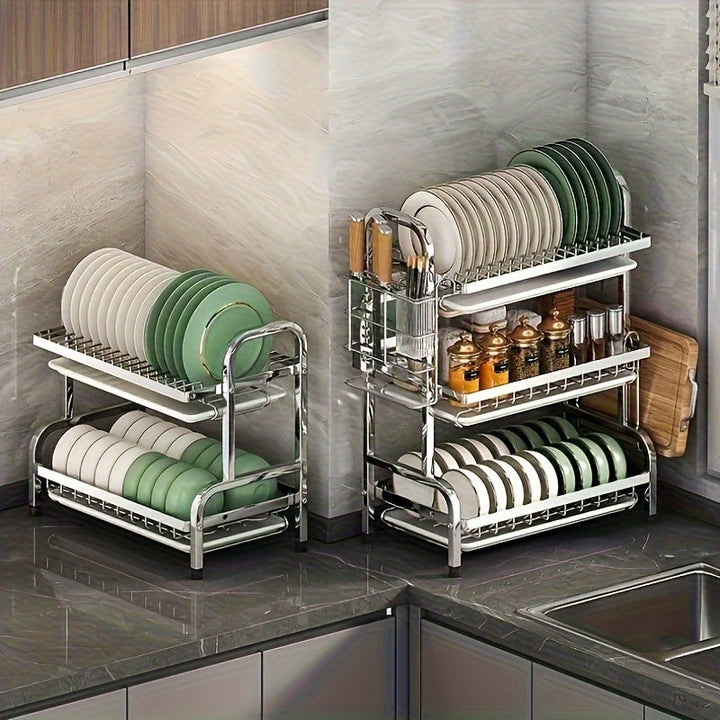 Estante de platos de cocina de acero inoxidable con bandeja de drenaje - Organizador multifuncional para encimeras para platos, tazas y utensilios - Solución de almacenamiento de cocina para el hogar que ahorra espacio