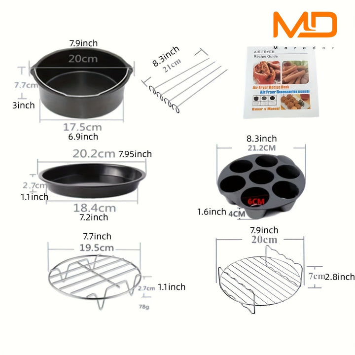 MOREDOR 11piezas/set 20.32 cm Accesorios para freidora de aire, Compatible con Universal 3.7QT - 6.8QT Freidora de aire profunda, Libre de BPA, Seguro para lavavajillas, Revestimiento antiadherente, Con libro de recetas