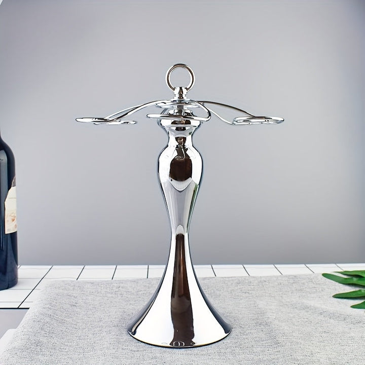 1pc Soporte Colgante para 4 Botellas de Vino en Metal Pulido - Diseño Artístico Ahorrador de Espacio para Cocina, Bar o Comedor - Estante Decorativo Multiusos con Acabado Metálico Brillante y Vidrio Transparente, Construcción Duradera