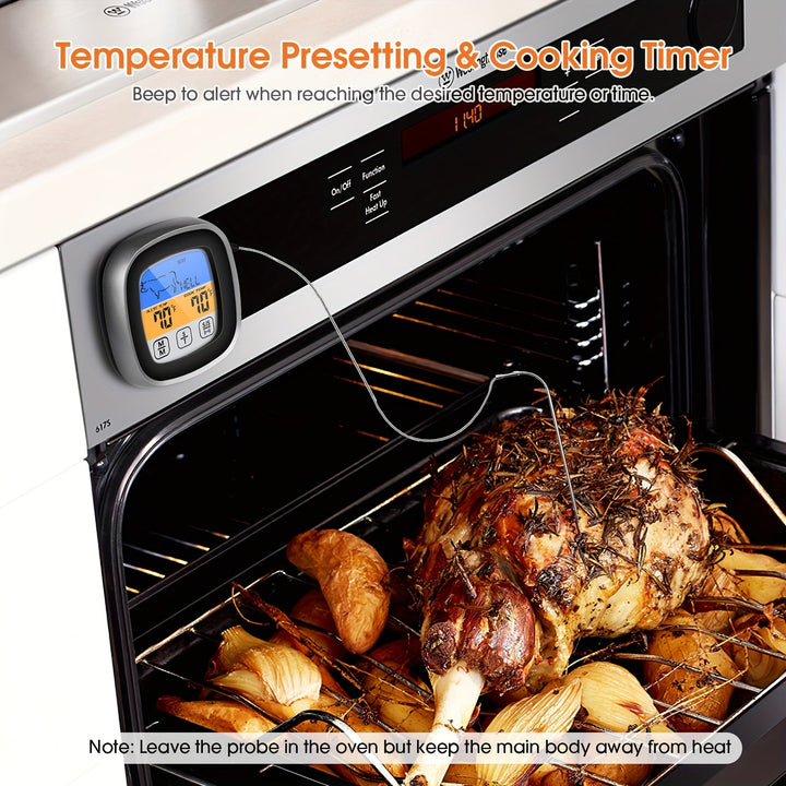 Termómetro digital HOTU con pantalla táctil, probeta de acero inoxidable y temporizador de reloj - Ideal para cocina, cocción, horneado, líquidos, dulces, parrillas, hornos - Material ABS, funcionamiento con batería, termómetro para cocción