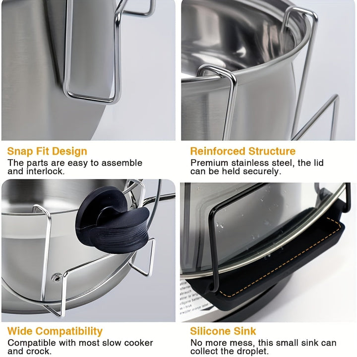Atrapa gotas de agua de silicona, soporte de tapa de olla de acero inoxidable, compatible con la mayoría de ollas de cocción lenta, no en contacto con alimentos, seguro para lavavajillas, prevención de condensación, mantenimiento de limpieza de cocina