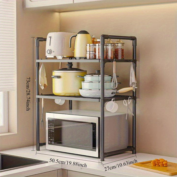Organizador de cocina de 2 niveles para microondas con estantes de rejilla diamantada, amplio y resistente, ideal para microondas, tostadora y electrodomésticos, incluye asas y ganchos, construcción duradera de plástico/metal, diseño ahorrador de espacio