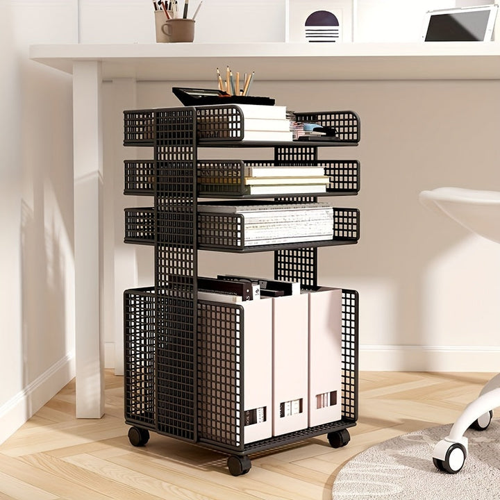 Un pequeño archivador debajo de la mesa, un estante móvil para el escritorio, práctico para libros y artículos.