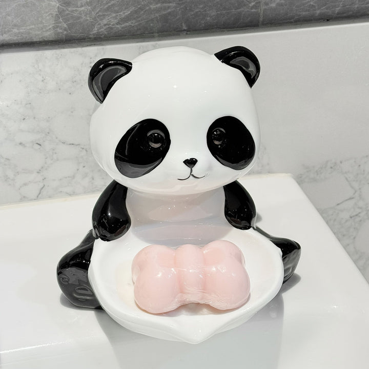 Plato para Jabón de Panda Lindo con Drenaje - Sin Acumulación de Agua, Diseño Independiente, Decoración de Baño o Cocina en Porcelana Blanca y Negra, Incluye Soporte para Jabón para Almacenamiento Fácil