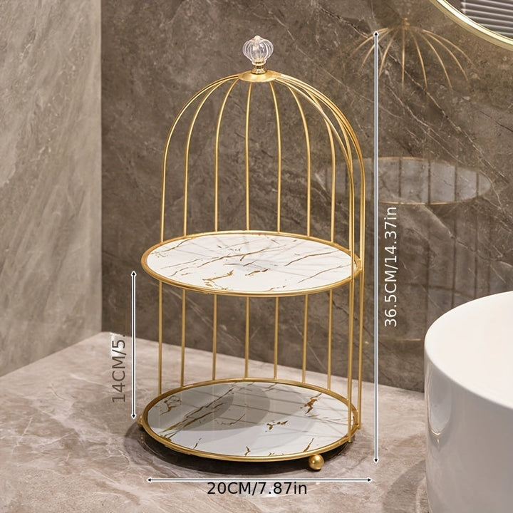 1 organizador de maquillaje de hierro fundido en tono dorado, estante en forma de jaula para baño, elegante soporte para perfumes y productos de cuidado de la piel, repisa para tocador y mostrador
