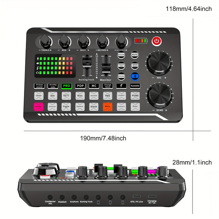 Interfaz de audio de transmisión en vivo con alimentación USB, F998, con efectos de DJ y cambiador de voz, plástico negro, batería recargable, para transmisión en vivo/blog/juego