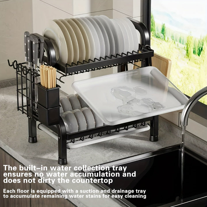 Escurridor de Acero Inoxidable de 3 Niveles | Ahorrador de Espacio Extra Grande para Cocina Familiar, con Bandeja Antiderrames y Divisor de Cubiertos - Organizador de Fregadero (5 en 1) que Sostiene Bloque de Cuchillos/Porta Palillos/Tacón de Cortar