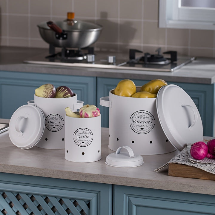 Un conjunto de 3 cubos de almacenamiento de metal para la conservación de verduras, adecuado para patatas, cebollas, ajo, caja de organización y almacenamiento de cocina duradera, blanco mate