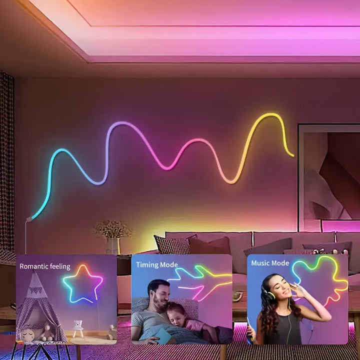Lámpara de neón RGB de 5 metros/196,85 pulgadas, cinta LED de neón flexible de silicona, con control remoto y control de aplicación, puede cambiar de color de manera sincronizada con la música y puede ajustar la luminosidad regularmente, lo que es muy co