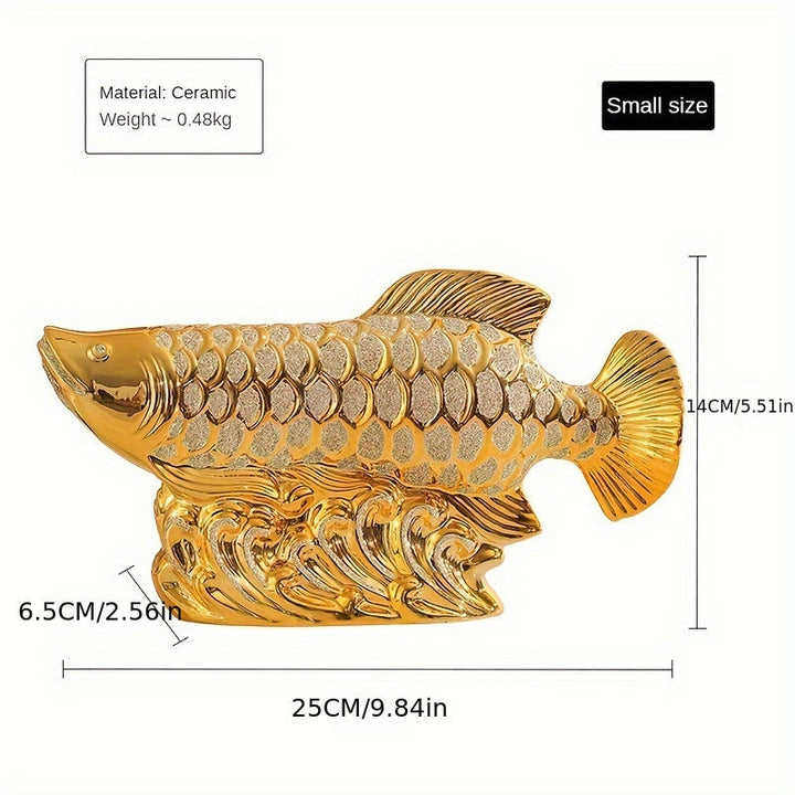 Figurilla de Cerámica de Arowana Dorada - Serie de Animales Alfabéticos, Decoración de Mesa Elegante para Sala de Estar, Oficina y Hogar, Ideal para Estantería y Gabinete de TV, Regalo Perfecto para Apertura de Negocios, Navidad y Día de Acción de Gracias