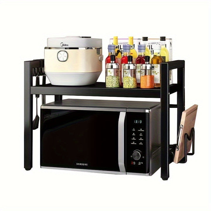 1pc Estante de microondas de metal ajustable, un nuevo nivel de almacenamiento de cocina: longitud ajustable, uso multicapa, estante de microondas retráctil para encimera, estante para horno, estante de almacenamiento para olla arrocera de uso doméstico.