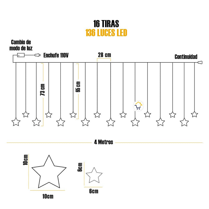 Luces Led Estrella X136 LED Cortina Luces 4m Navidad Cálida CE136NCA