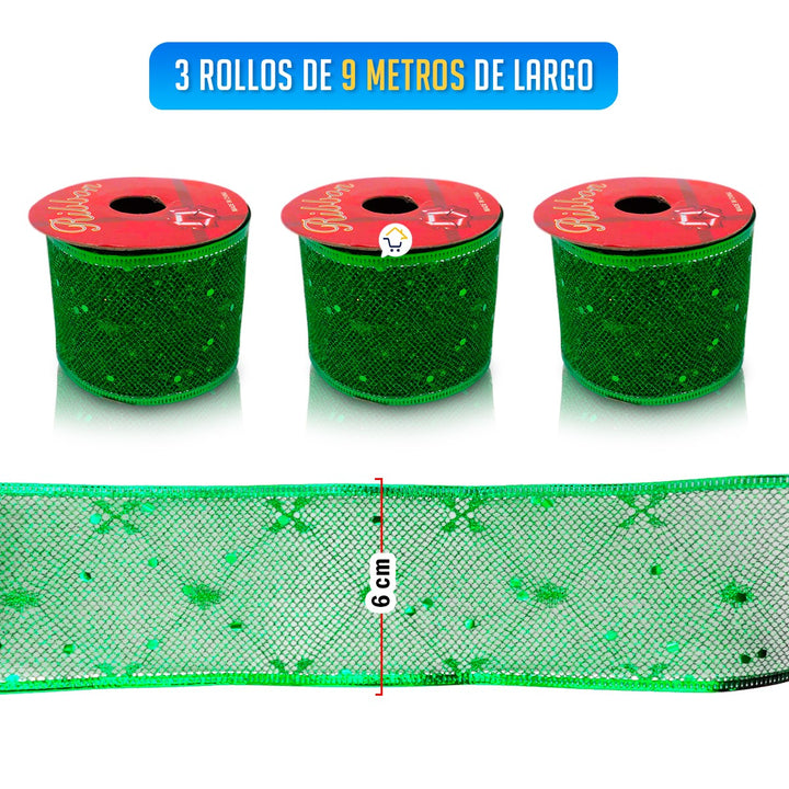 Cinta de Malla Navideña Metalizada x3 Rollos 9 m Verde 6246V