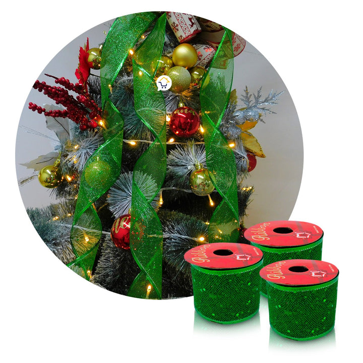 Cinta de Malla Navideña Metalizada x3 Rollos 9 m Verde 6246V