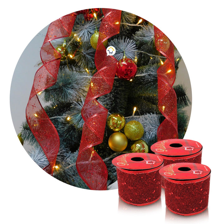 Cinta de Malla Navideña Metalizada x3 Rollos 9 m Rojo 6246RO