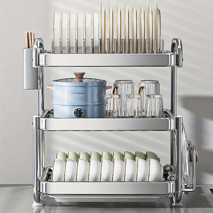 1 juego de escurridor de platos de acero inoxidable 201 grande, con 2 o 3 niveles, soporte para tazas, organizador de utensilios y repisa para escurrir, color plateado, para mesón de cocina