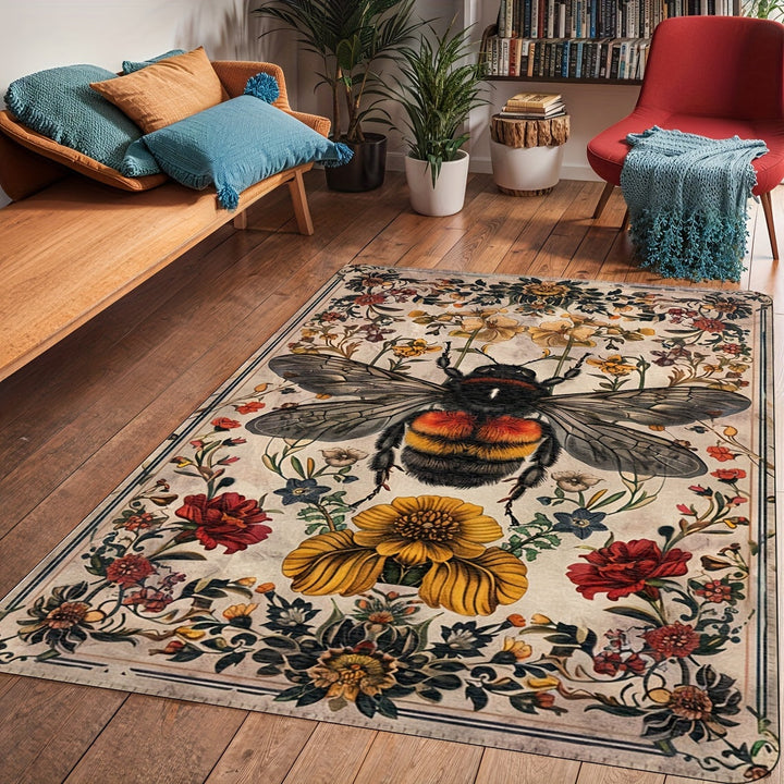 Alfombra retro con diseño de abeja, 1 pieza, para sala o cocina, forma cuadrada, peso 480 gramos, grosor 1 cm