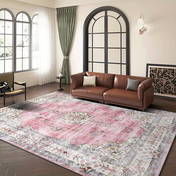 Lujoso tapete de área floral bohemio de terciopelo - Ultra-suave, grueso, antideslizante, lavable a máquina, diseño beige claro y rosa para sala de estar, dormitorio, comedor y oficina - Forma rectangular, ligero, tejido a mano de poliéster, alfombras pa