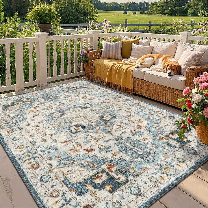 Alfombrilla de exteriores con diseño floral azul y blanco de ZULIDA - Lavar en máquina, alfombrilla rectangular de poliéster para patio, sala de estar, dormitorio y más - Diseño duradero y elegante, alfombras para sala de estar