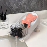 Plato de jabón para perros bulldog de resina - Diseño de estatua de bulldog blanco realista, decoración ovalada para el hogar y accesorio de baño, perfecto para decorar la cocina o el salón.