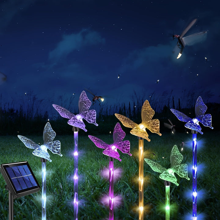 Juego de 6 luces solares para jardín con mariposas, decoración solar para exteriores, luces solares para caminos con 8 modos, ideal para decorar jardines, patios, macetas, senderos, arriates y hogar