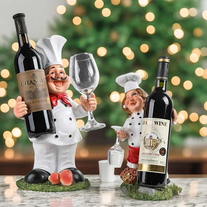 Soporte para Vino con Estatua de Chef Creativo de 1 Pieza - Decoración de Cocina en Resina con Doble Soportes para Botellas, Elegante Adorno Interior para Sala o Comedor