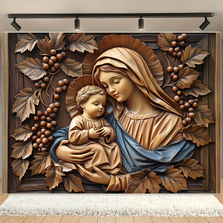 Una talla de madera en 3D de la Virgen María y el Niño Jesús, adecuada para dormitorios, salas de estar y áreas al aire libre.