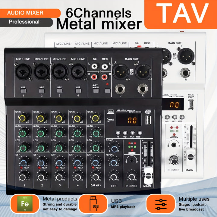 Consola Mezcladora de Audio Metálica Profesional TAVOOSOP de 6 Canales con Interfaz USB, Mezclador de Sonido Portátil para Transmisión en Vivo, Podcasting, DJ y Karaoke - , Sonido de Alta Fidelidad, Grabación Multicanal, Podcasting Escénico y Mezcla Musi