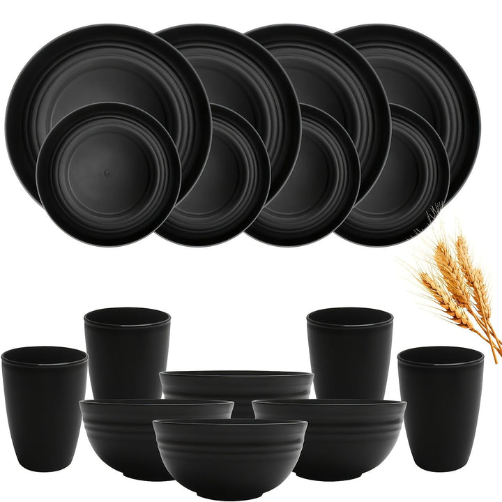 Juego de vajilla reutilizable de paja de trigo, 16/32 piezas, redondo, diseño sólido, plástico, apto para microondas y lavavajillas, para familia, camping, picnic, fiestas, suministros de cocina, vajilla para días festivos