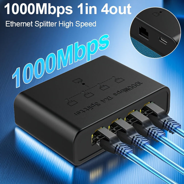 Extensor de Red Ethernet, soporta hasta 1Gbps, expande un cable a cuatro puertos, plug-and-play, amplia compatibilidad, alta potencia, enfriamiento eficiente, rendimiento estable, operación rápida y segura, compacto y portátil. Ideal para uso en hogar u