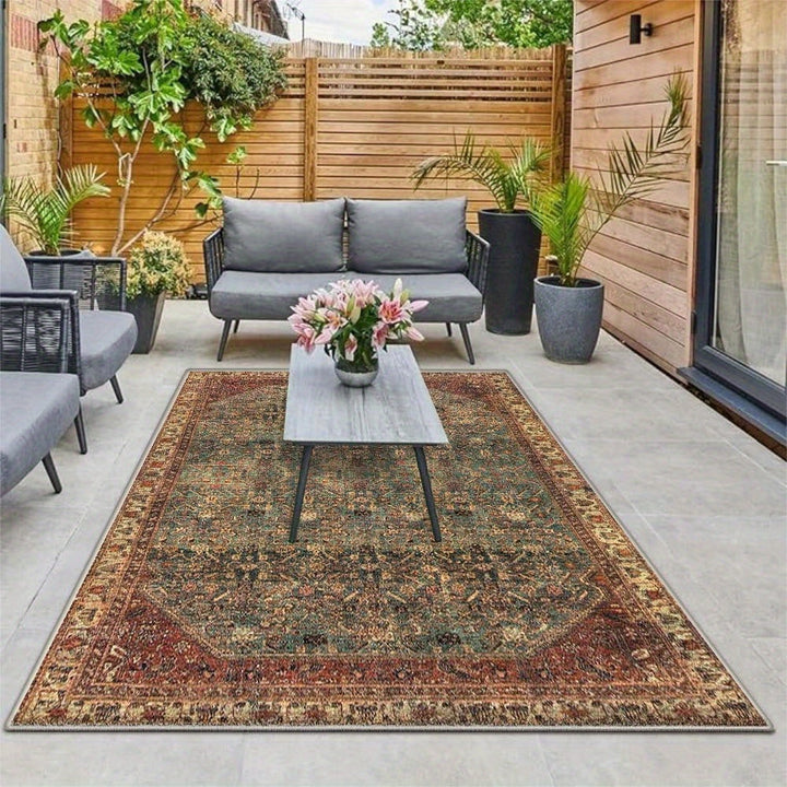 Alfombra de Exterior Seven Deer Lavable a Máquina - Poliéster Ultra Suave, Diseño Geométrico y Cuadros, Base Antideslizante, Color Marrón Rojizo, Tamaño Grande hasta 2.16m² para Camping, Jardín o Patio de RV