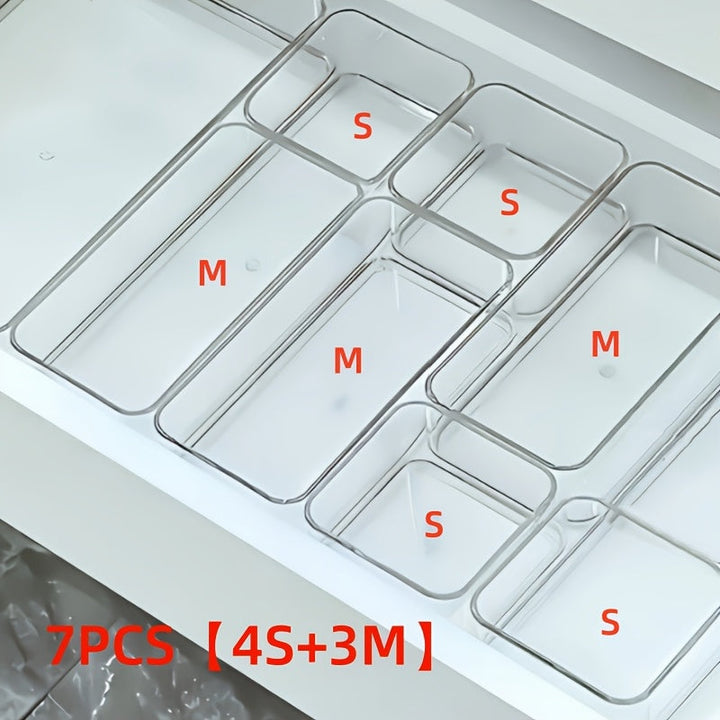 7/8 piezas de caja de almacenamiento de cosméticos de acrílico transparente, organizador de particiones integradas en cajón, caja de almacenamiento de papelería de oficina para encimera, organizador de escritorio y cajón para almacenamiento en casa.