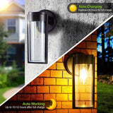 2 luces de pared solares para exteriores con bombillas de filamento de wolframio - Diseño moderno y elegante en negro, sensor automático para jardín, césped, patio, garaje y puerta principal, iluminación decorativa, luces solares para exteriores, ilumina
