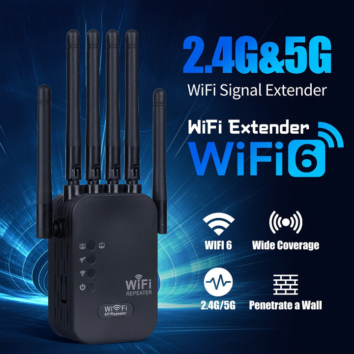 Repetidor de señal Wi-Fi, amplificador de red para el hogar, compatible con sistema WIFI6, doble banda de alta velocidad, 2.4GHz y 5GHz, fácil instalación, diseño de 6 antenas para cobertura estable en toda la casa, ideal para oficinas y bibliotecas