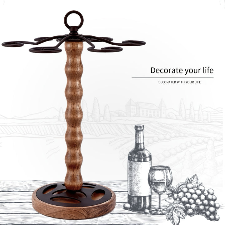 Elegante estante para copas de vino de mesa con estilo europeo de hierro pulido con acento de madera, duradero soporte para botellas decorativo para bares y hogares con colgador de vidrio incorporado - Capacidad para 6 copas