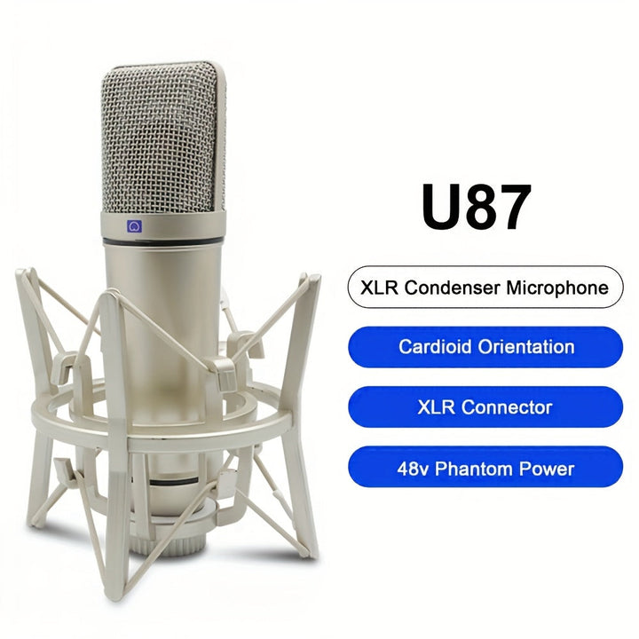 Microfono Condensador U87 XLR, Micrófono Profesional Cardioide para Grabación, Podcasting, Doblaje y Transmisión en Vivo – Incluye Fuente de Alimentación DC, Soporte y Cable de 250 cm / 98.43 Pulgadas