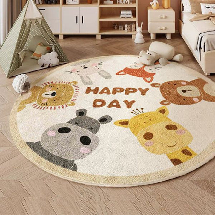 Alfombra Redonda de Animales de Dibujos Animados de Peluche - Ultra-Suave, 10mm de Grosor, 1000g/m², Antideslizante y Lavable a Máquina - Perfecta para Dormitorio de Niños, Sala de Estar, Área de Juegos - Con Diseños de León, Oso, Conejo, Jirafa, Alfombr