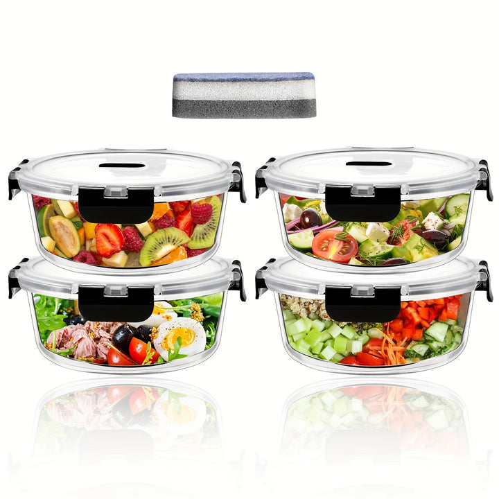 Juego de 2/4/6/8 recipientes de vidrio con tapa, versátiles de 950 ml para almacenar comida + 1 esponja de limpieza, con cierre hermético en todos los lados, contenedores de alimentos perfectos para chefs y amantes de la cocina