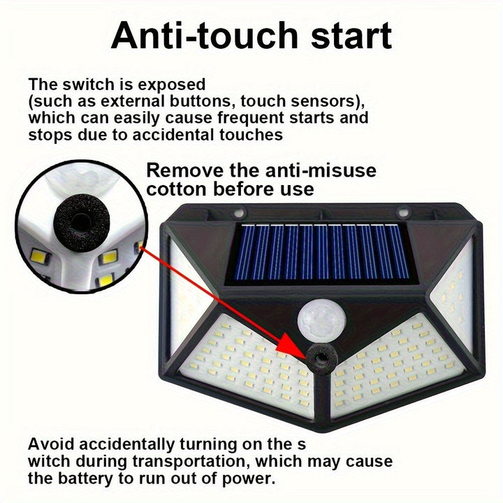 2 Piezas de Lámpara Solar Exterior Súper Brillante, 100 LED, Fuente de Luz Inteligente con Detección Automática en la Oscuridad, Carga Diurna Automática, Iluminación Cuatro Caras, Sensor de Movimiento Incluido, Carga Solar, Instalación Fácil