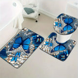 3 piezas, alfombrilla de baño con diseño de mariposa azul y piedra blanca, funda de asiento de inodoro y alfombrilla de pies en forma de U