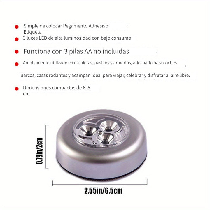 Luz Nocturna Táctil Inalámbrica de 3 LED - Adhesiva, Funciona con Pilas, Portátil, Fácil Instalación, Perfecta para Armarios, Pasillos, Baños y Más - No Requiere Cableado (Pilas No Incluidas)