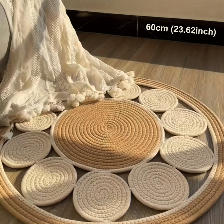 1 pieza de alfombra redonda de lino lavable a mano estilo bohemio - Plegable, antideslizante, alfombra artística para sala de estar de granja, dormitorio, baño, uso interior/exterior, fibra de poliéster, lavable a máquina, alfombra interior/exterior | Al