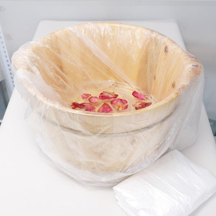 100/20 Bolsas Desechables Estériles Transparentes para Baño de Pies - Forros para Pedicura y Spa en Madera, Sin Necesidad de Electricidad, Cuidado Higiénico de Uñas y Tratamientos Caseros, Material Flexible