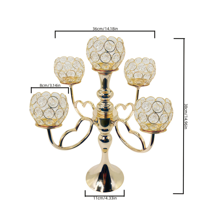 Candelabro de 5 cabezas con cristal dorado - Elegante decoración de mesa para bodas, cumpleaños y cenas románticas, accesorio de comedor romántico | Candelabro de cristal | Base metálica duradera, soporte de velas de cristal