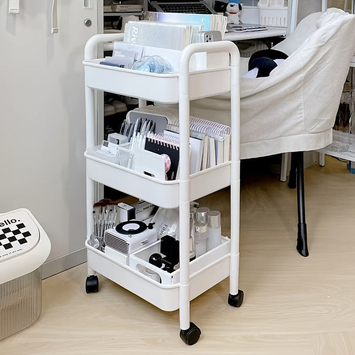 Carrito de almacenamiento rodante de 3 niveles - Organizador de plástico duradero con ruedas, fácil de mover para cocina, baño, dormitorio - Blanco, soporte para libros y artículos pequeños, unidad de estantería versátil | Carrito de almacenamiento moder