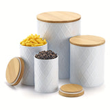 Juego de 4 frascos de encimera, juego de frascos de cocina de cerámica con tapas de madera herméticas - Perfecto para café, té, azúcar, harina, hojas de té, sal y más