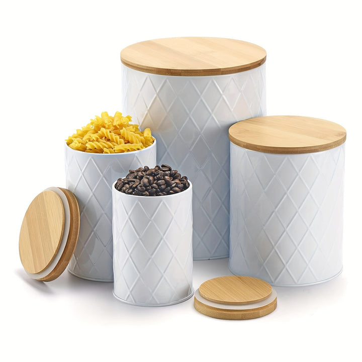 Juego de 4 frascos de encimera, juego de frascos de cocina de cerámica con tapas de madera herméticas - Perfecto para café, té, azúcar, harina, hojas de té, sal y más