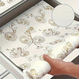Rollo de Forro para Estantería EVA con Diseño Floral Dorado No Adhesivo - Impermeable, Antideslizante para Armarios y Cajones en Cocina, Baño y Organización del Despensa