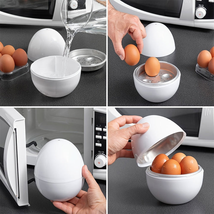 Cocedor de Huevos para Microondas de 4 Huevos - Compacto, Fácil de Usar, Utensilio de Cocina para Huevos Duros o Blandos, Apto para Lavavajillas, Ahorro de Tiempo, Forma de Huevo
