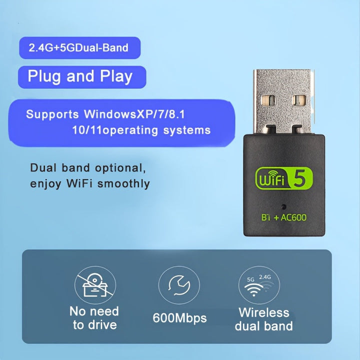 Adaptador WiFi USB Dual-Band de 600Mbps, Receptor sin varillas Externo para PC/Portátil/Escritorio en 2.4/5Ghz